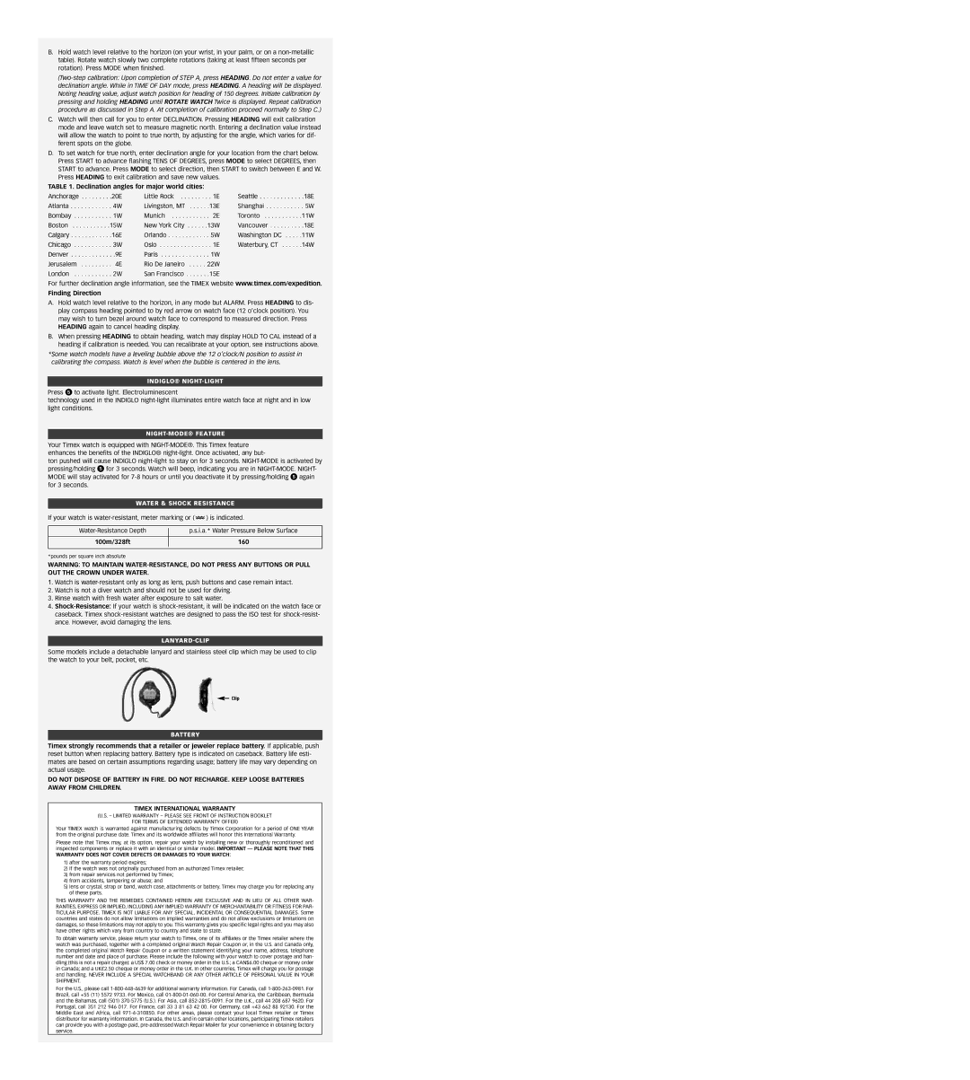 Timex W-14 warranty Declination angles for major world cities, Finding Direction, 100m/328ft 160 