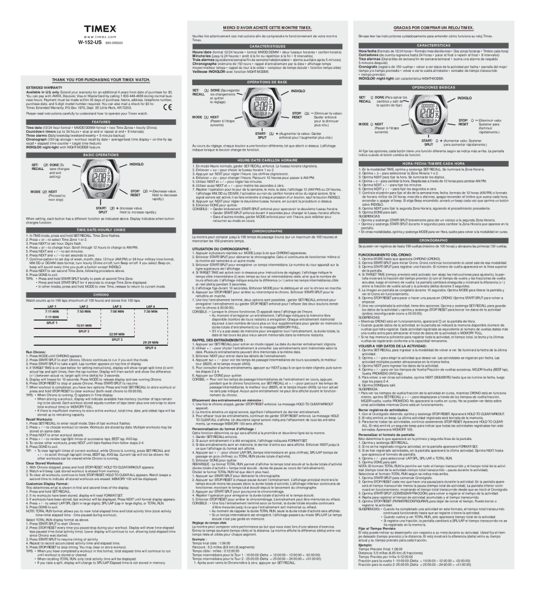 Timex W-152-US warranty Features, Basic Operations, TIME/DATE/HOURLY Chime, Chrono, Caractéristiques, Opérations DE Base 