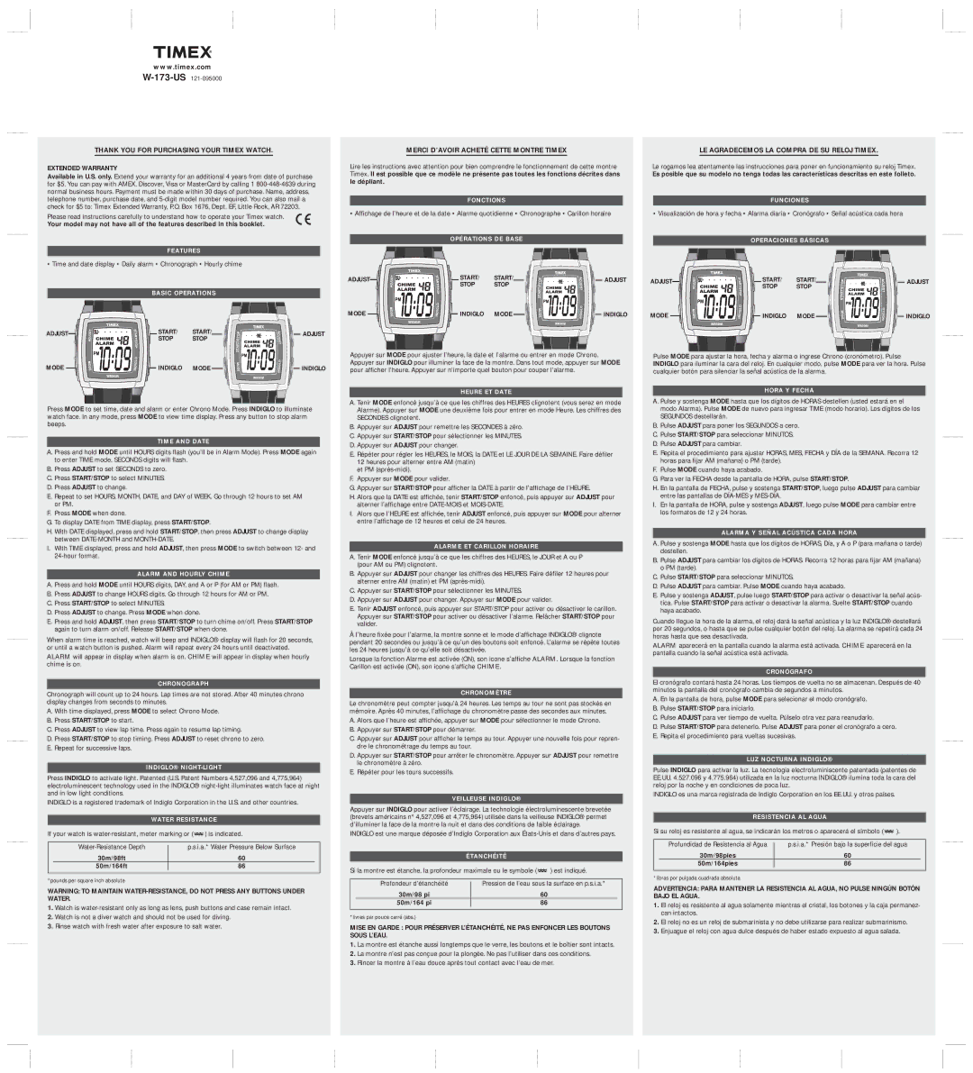 Timex W-173-US warranty Thank YOU for Purchasing Your Timex Watch, Merci D’AVOIR Acheté Cette Montre Timex 
