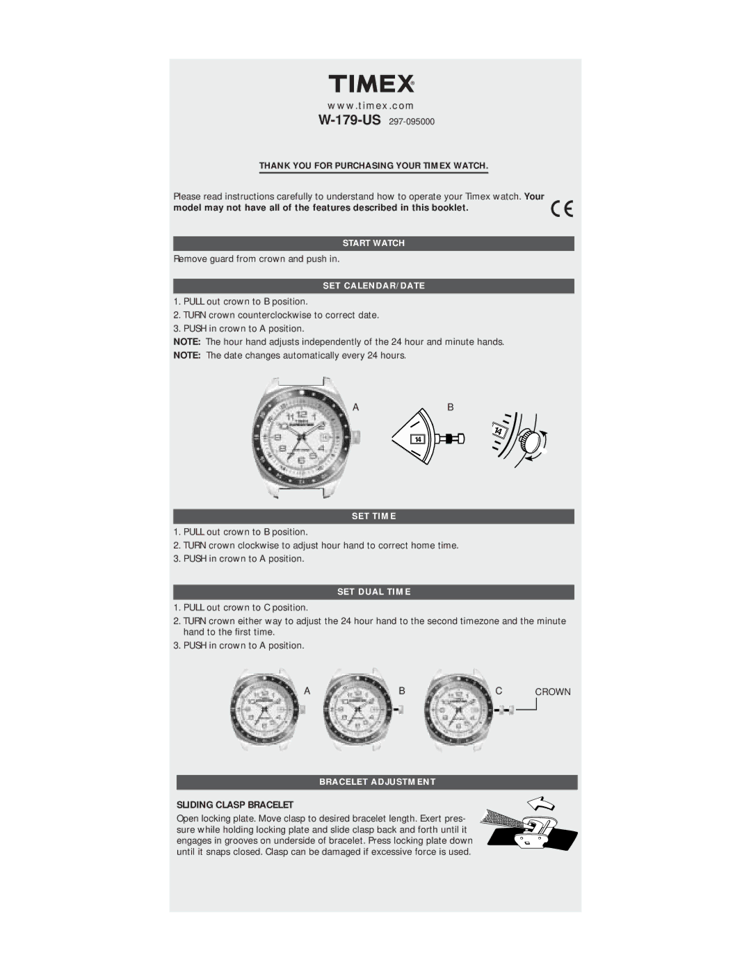 Timex W-179-US manual Sliding Clasp Bracelet, Thank YOU for Purchasing Your Timex Watch 