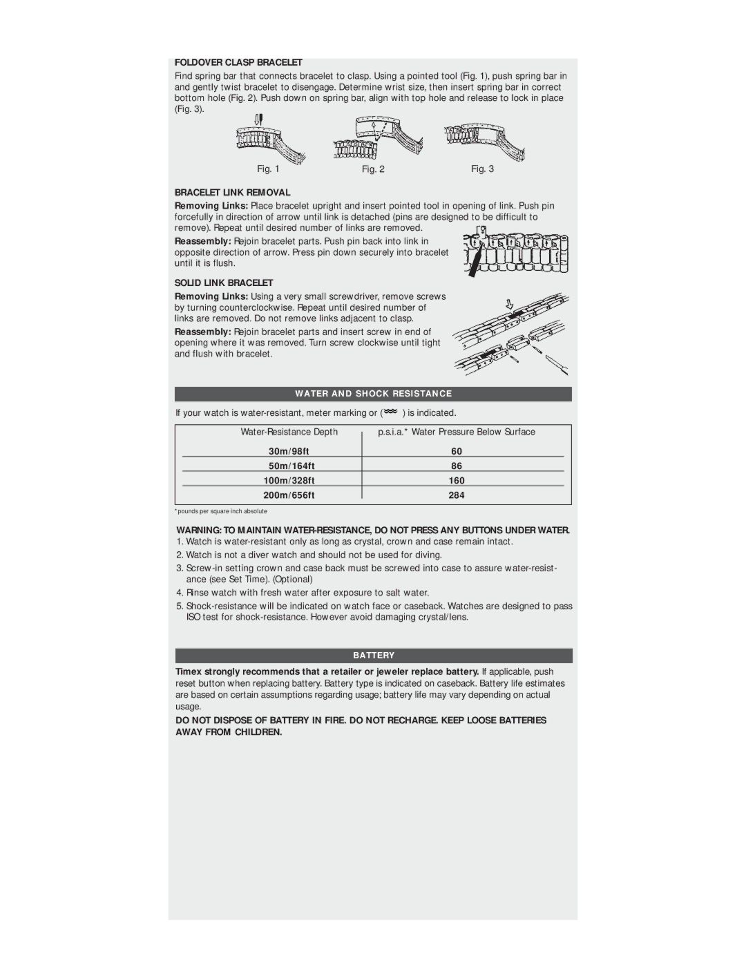 Timex W-179-US manual Foldover Clasp Bracelet, Bracelet Link Removal, Solid Link Bracelet 