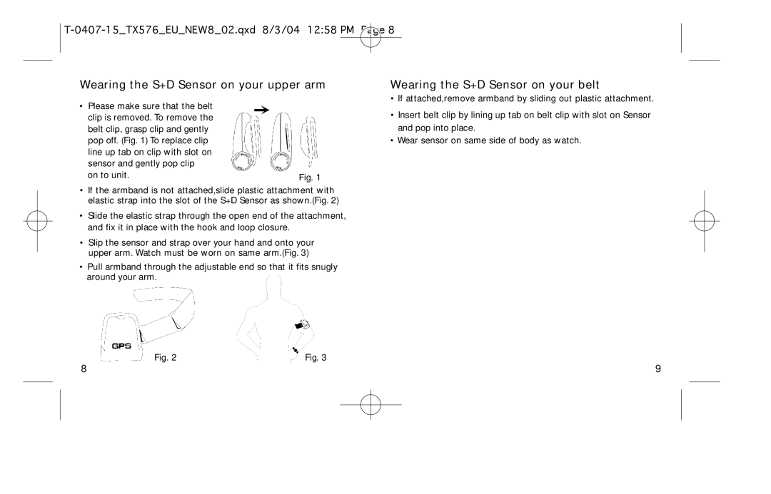 Timex W-184 manual Wearing the S+D Sensor on your upper arm 