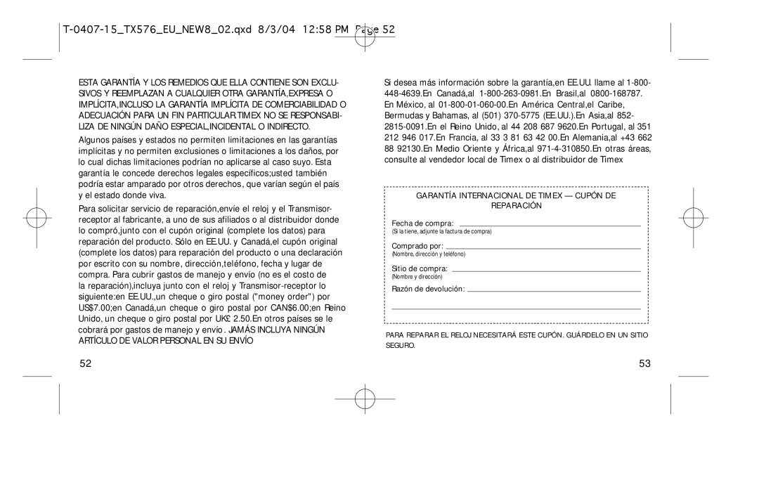 Timex W-184 manual Garantía Internacional DE Timex Cupón DE Reparación 