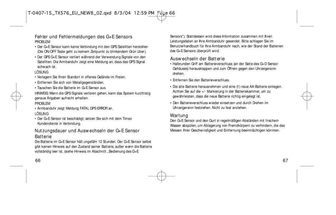 Timex W-184 manual Fehler und Fehlermeldungen des G+E Sensors, Nutzungsdauer und Auswechseln der G+E Sensor Batterie 