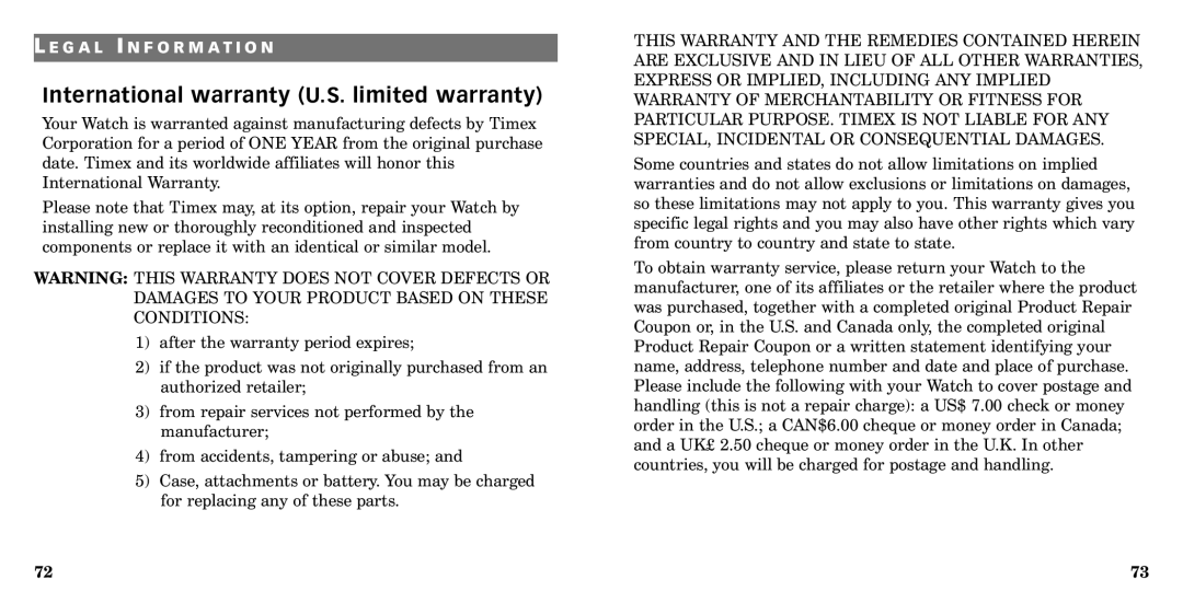 Timex W-184 manual International warranty U.S. limited warranty 