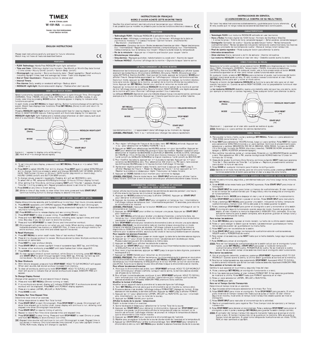 Timex W-191-NA manual Interval Timers, Minuteries par intervalles, Intervalos consecutivos, To Recall Workouts 