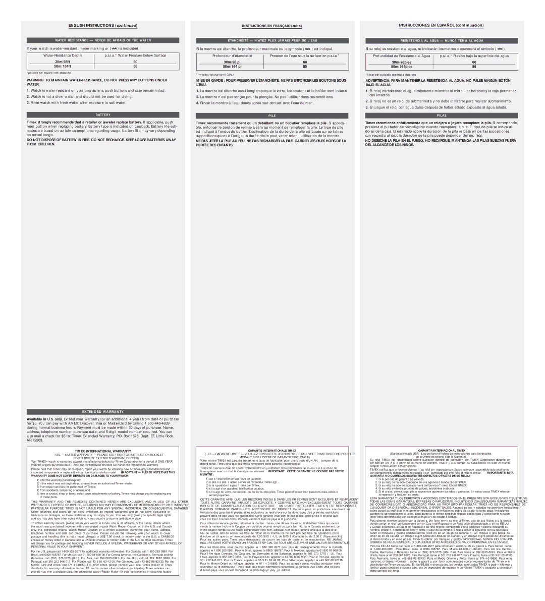 Timex W-192-NA 30m/98ft 50m/164ft, Warranty does not Cover Defects or Damages to Your Watch, Garantie Internationale Timex 