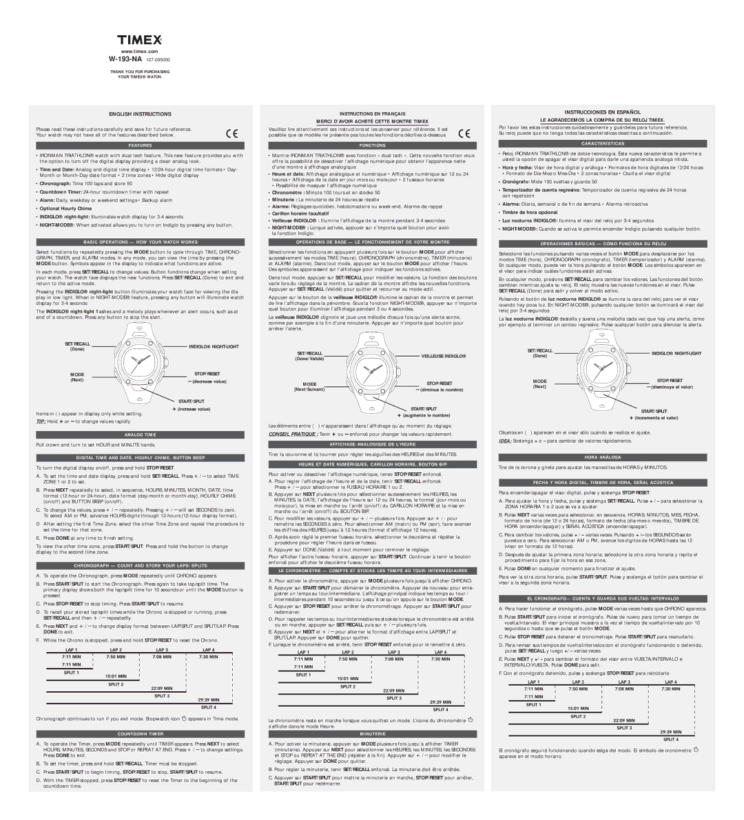 Timex W-193 manual Optional Hourly Chime, Carillon horaire facultatif, Timbre de hora opcional 