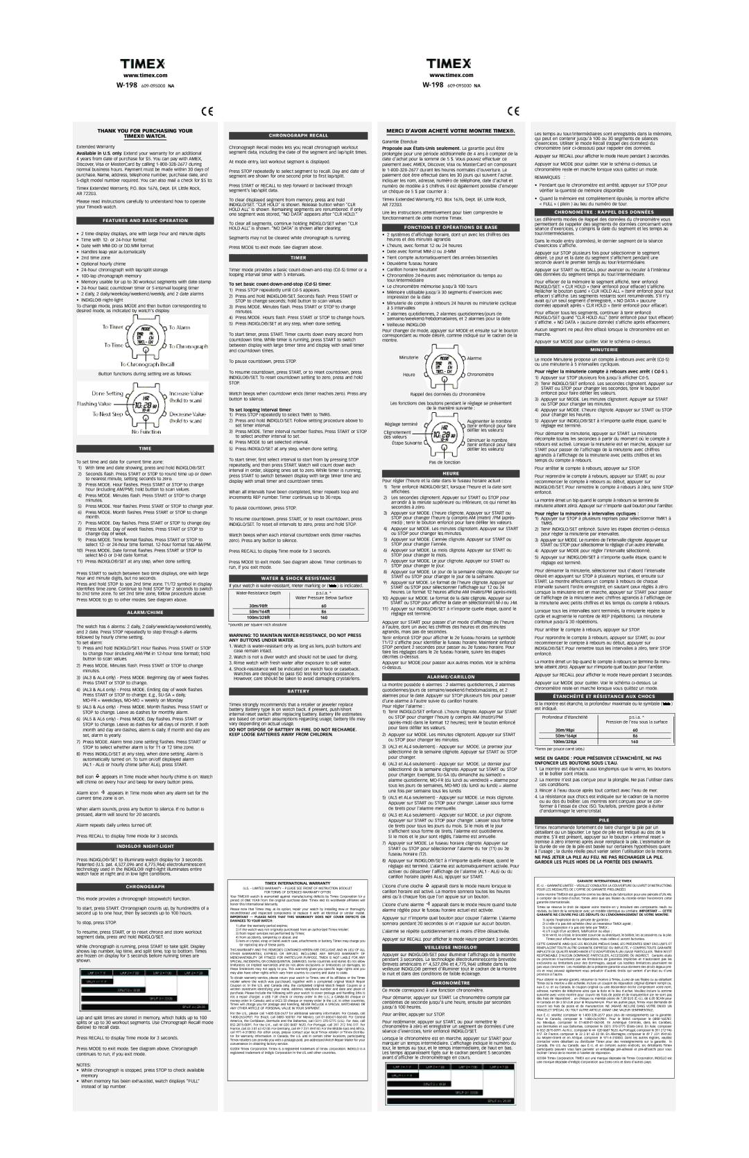 Timex W-198 warranty Features and Basic Operation, Alarm/Chime, Indiglo¨ Night-Light, Chronograph, Timer, Battery 