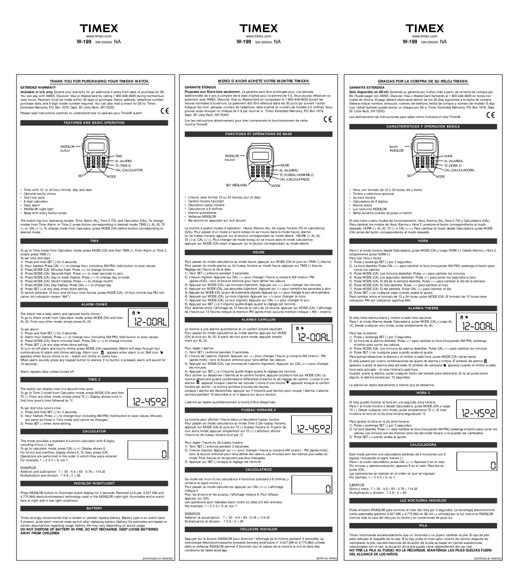 Timex W-199 warranty Features and Basic Operation, Características Y Operación Básica, Fonctions ET Opérations DE Base 