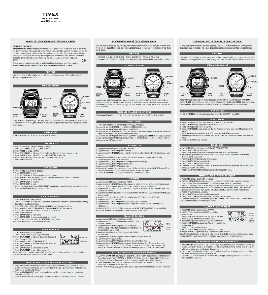 Timex W-2-US warranty Pull Crown and turn to set Hour and Minute hands, Press Mode until Timer appears 