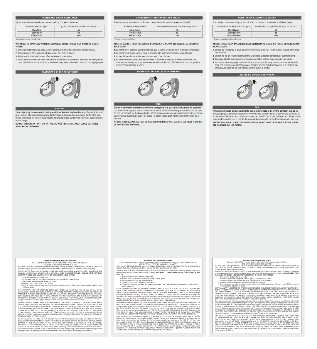 Timex W-2-US warranty Water and Shock Resistance, Fastwrap Strap Adjustment Battery, Étanchéité ET Résistance AUX Chocs 