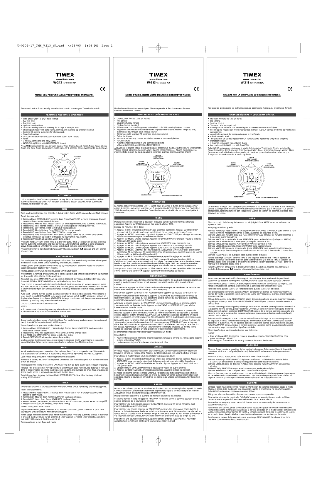 Timex W-213 manual Features and Basic Operat I O N, Fonctions ET Opérations DE Base, Características Y Operación Básica 