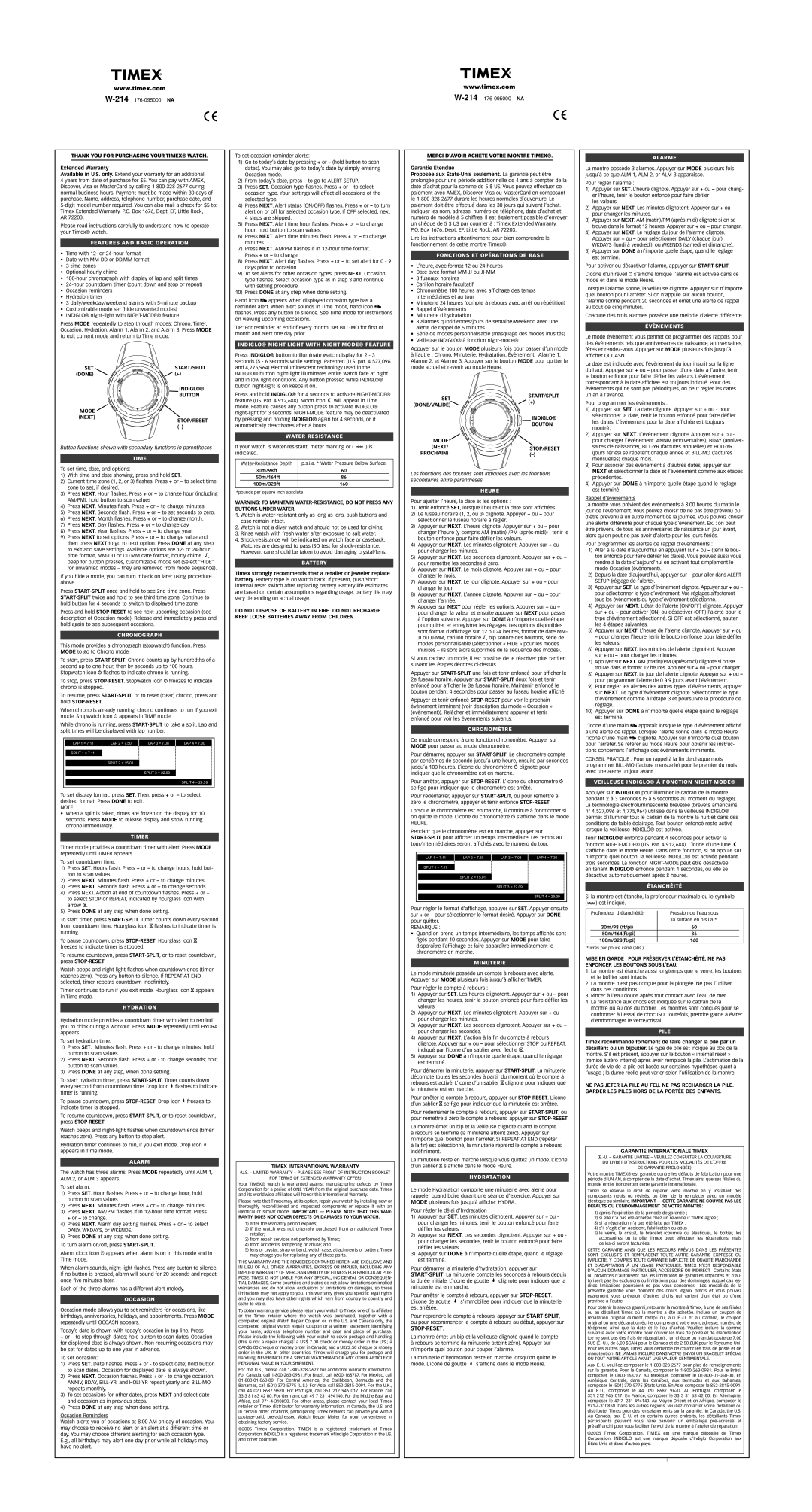 Timex W-214 warranty Features and Basic Operation, Chronograph, Timer, Hydration, Alarm, Occasion, Water Resistance 