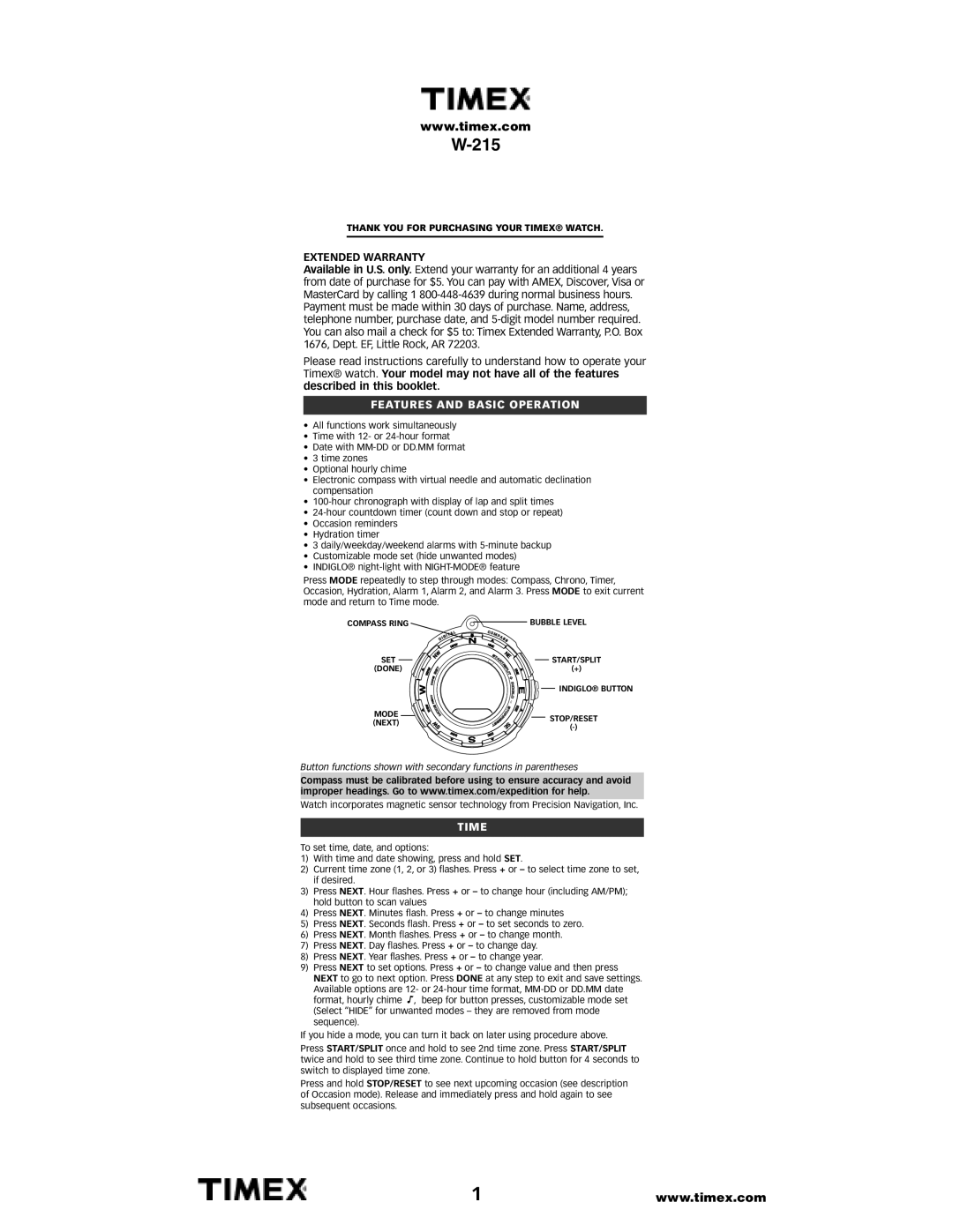 Timex w-215 warranty Extended Warranty, Features and Basic Operation, Time 