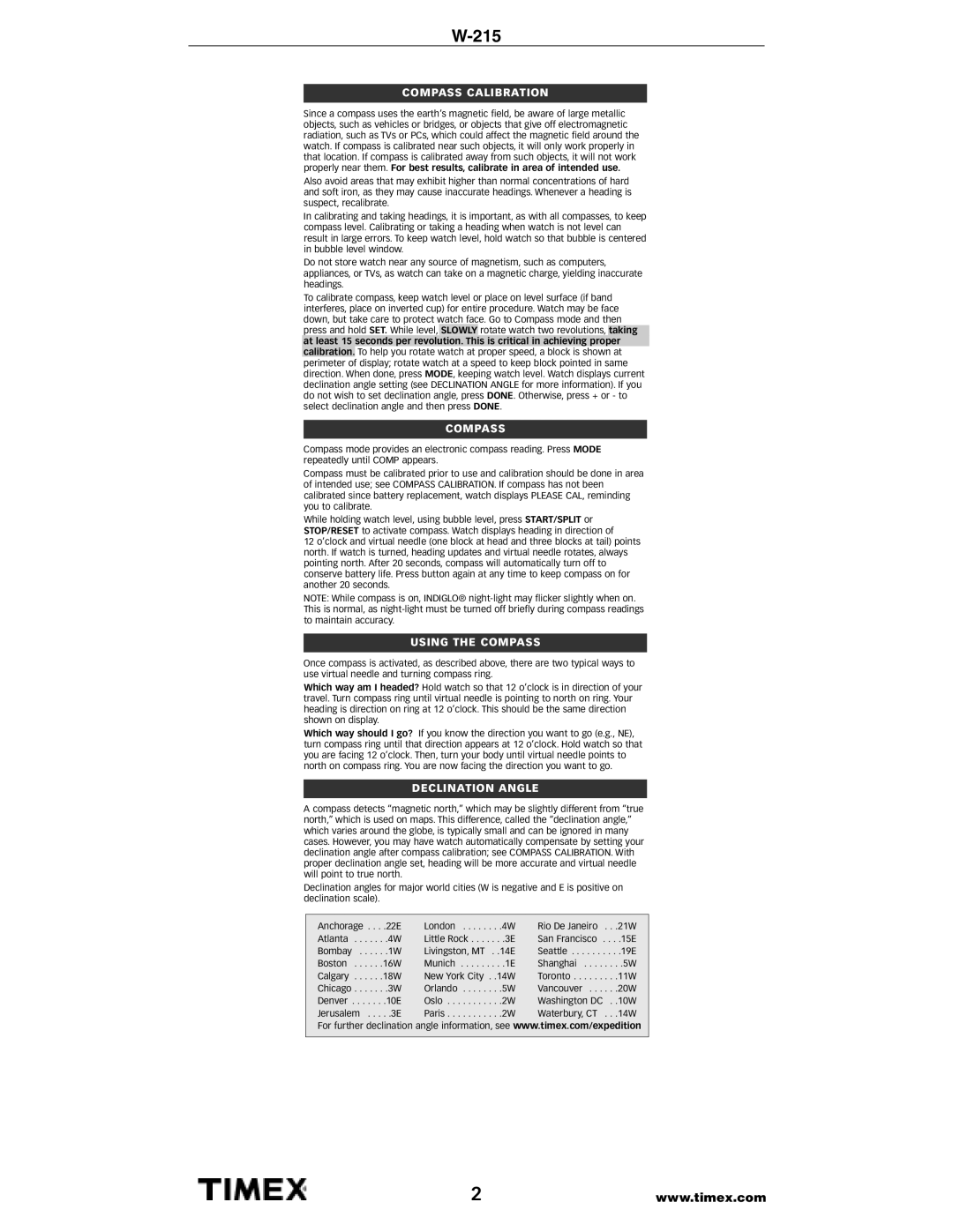 Timex w-215 warranty Compass Calibration, Using the Compass, Declination Angle 