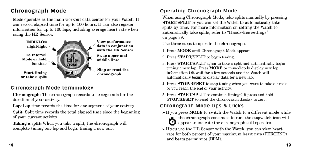 Timex W-218607-095000NA manual Chronograph Mode terminology, Operating Chronograph Mode, Chronograph Mode tips & tricks 