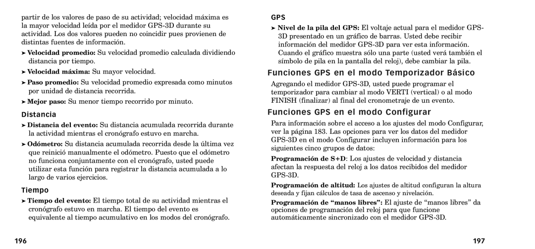 Timex W-218607-095000NA manual Funciones GPS en el modo Temporizador B‡sico, Funciones GPS en el modo Configurar, Distancia 