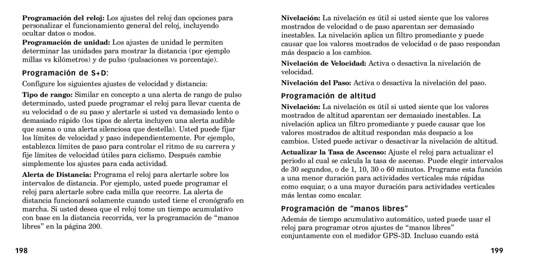 Timex W-218607-095000NA manual Programaci-n de S+D, 198, Programaci-n de altitud, Programaci-n de Òmanos libresÓ, 199 