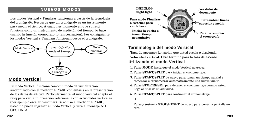 Timex W-218607-095000NA Modo Vertical, E V O S M O D O S, Terminolog’a del modo Vertical, Utilizando el modo Vertical, 203 