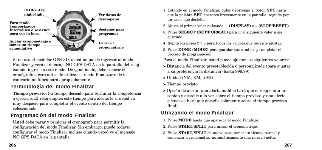 Timex W-218607-095000NA Terminolog’a del modo Finalizar, Programaci-n del modo Finalizar, Utilizando el modo Finalizar 