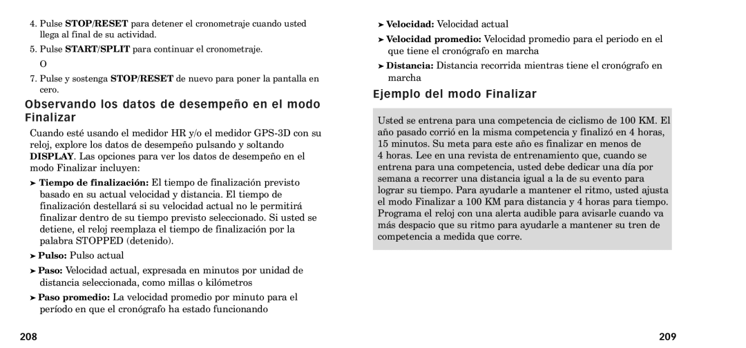 Timex W-218607-095000NA manual Observando los datos de desempe-o en el modo Finalizar, Ejemplo del modo Finalizar, 208 209 