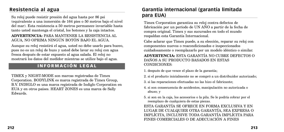 Timex W-218607-095000NA manual Resistencia al agua, Garant’a internacional garant’a limitada para EUA, 213 