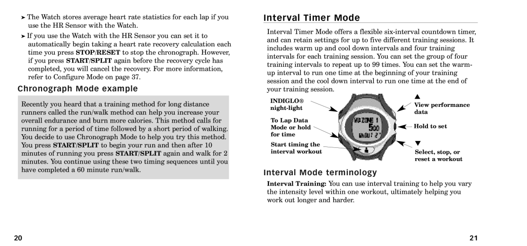 Timex W-218607-095000NA manual Interval Timer Mode, Chronograph Mode example, Interval Mode terminology 