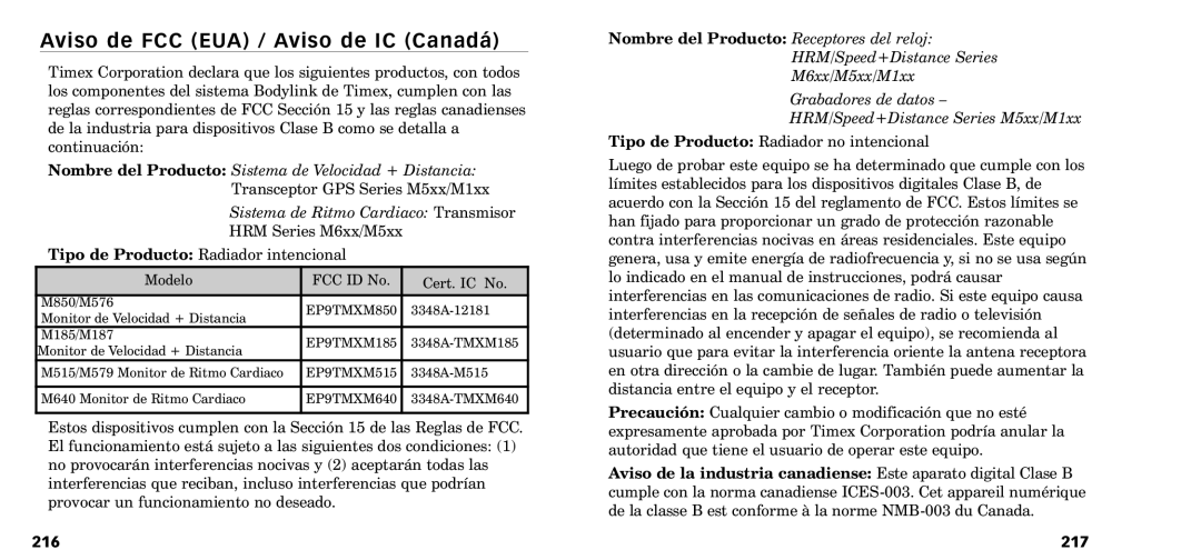 Timex W-218607-095000NA manual Aviso de FCC EUA / Aviso de IC Canad‡, 216 