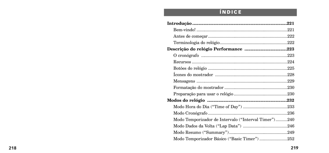 Timex W-218607-095000NA manual 221, Descri‹o do rel-gio Performance, 232, 218 219 