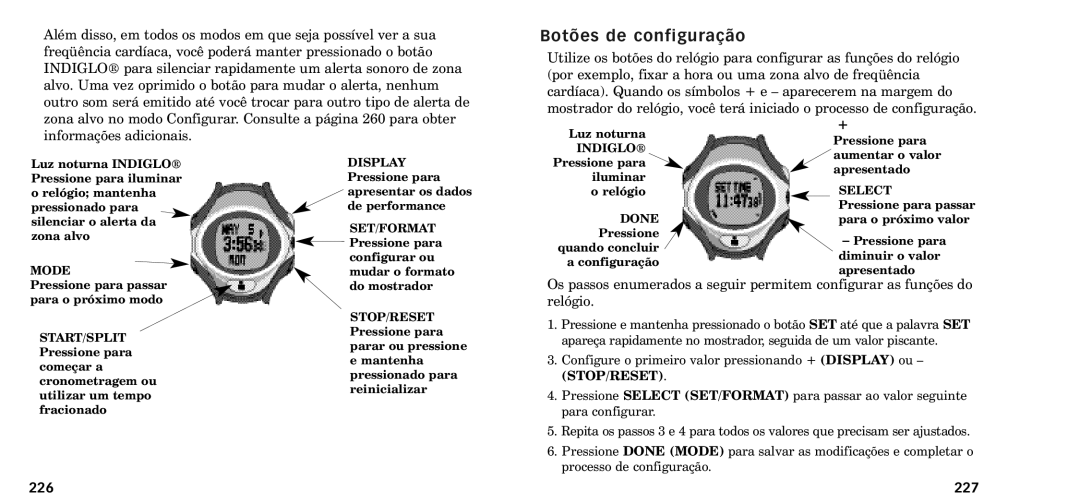 Timex W-218607-095000NA manual Bot›es de configura‹o, 226 227 