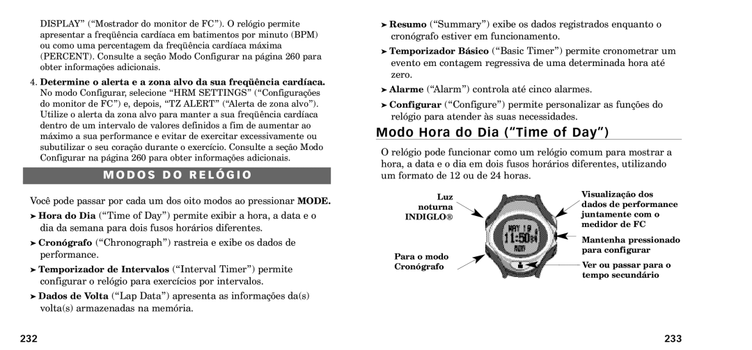 Timex W-218607-095000NA manual Modo Hora do Dia ÒTime of DayÓ, 232 233 