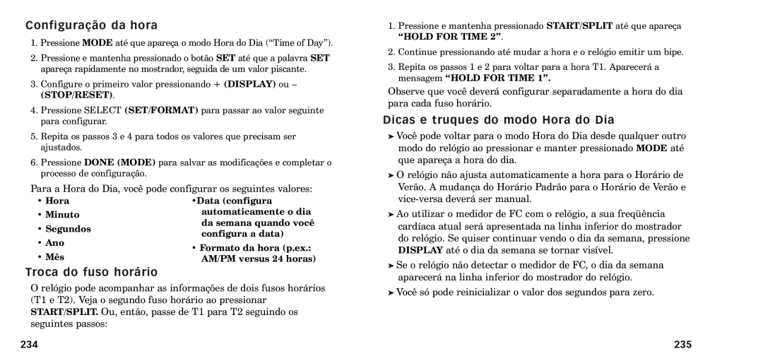 Timex W-218607-095000NA manual Configura‹o da hora, Dicas e truques do modo Hora do Dia, Troca do fuso hor‡rio, 234, 235 