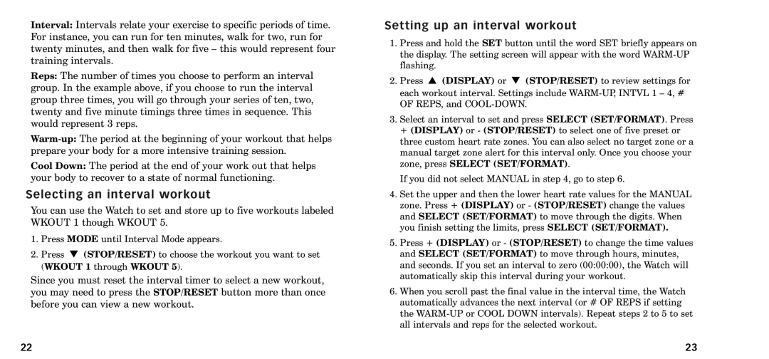 Timex W-218607-095000NA manual Selecting an interval workout, Setting up an interval workout 