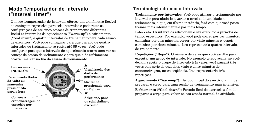 Timex W-218607-095000NA manual Modo Temporizador de Intervalo ÒInterval TimerÓ, Terminologia do modo Intervalo, 240 241 