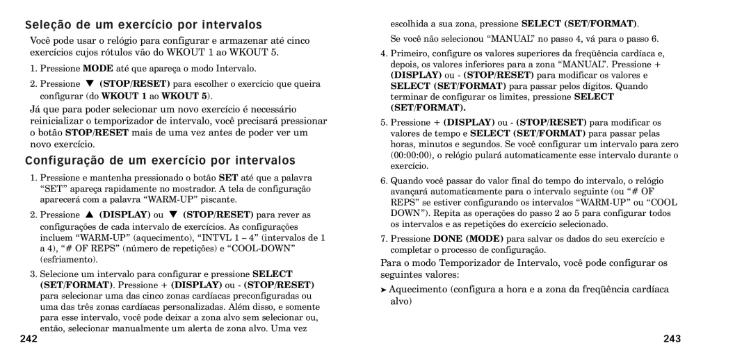 Timex W-218607-095000NA manual Sele‹o de um exerc’cio por intervalos, Configura‹o de um exerc’cio por intervalos, 242 243 