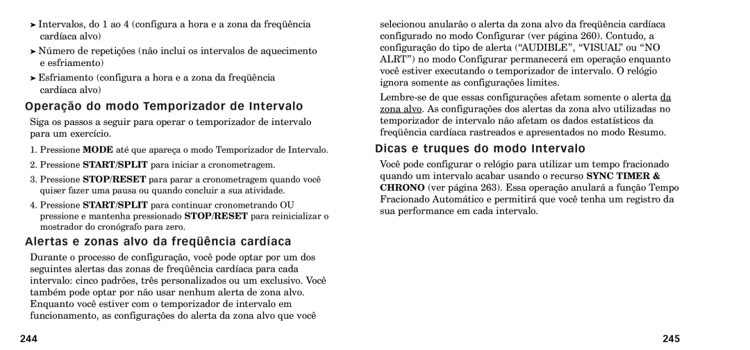 Timex W-218607-095000NA Opera‹o do modo Temporizador de Intervalo, Alertas e zonas alvo da freqŸncia card’aca, 244, 245 