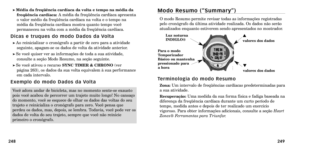 Timex W-218607-095000NA Modo Resumo ÒSummaryÓ, Dicas e truques do modo Dados da Volta, Exemplo do modo Dados da Volta 