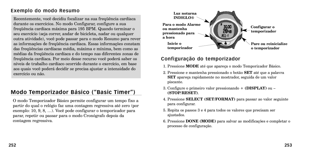 Timex W-218607-095000NA manual Modo Temporizador B‡sico ÒBasic TimerÓ, Exemplo do modo Resumo, Configura‹o do temporizador 