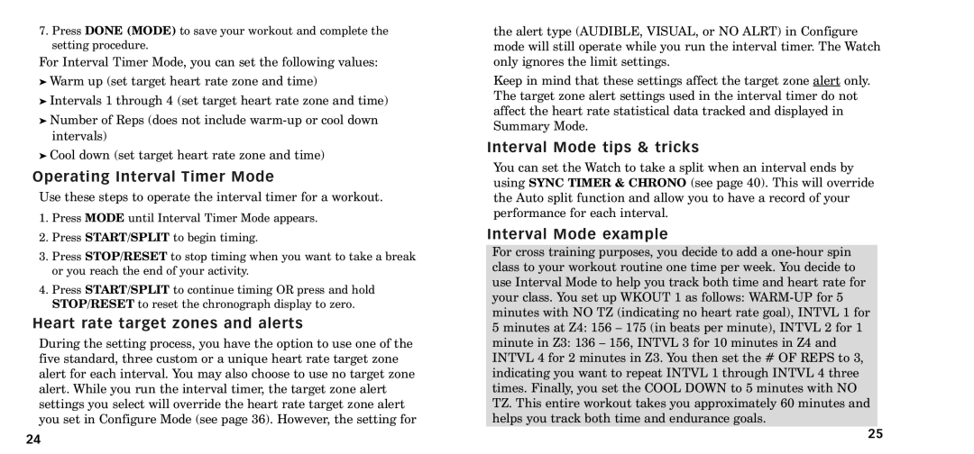 Timex W-218607-095000NA Operating Interval Timer Mode, Heart rate target zones and alerts, Interval Mode tips & tricks 