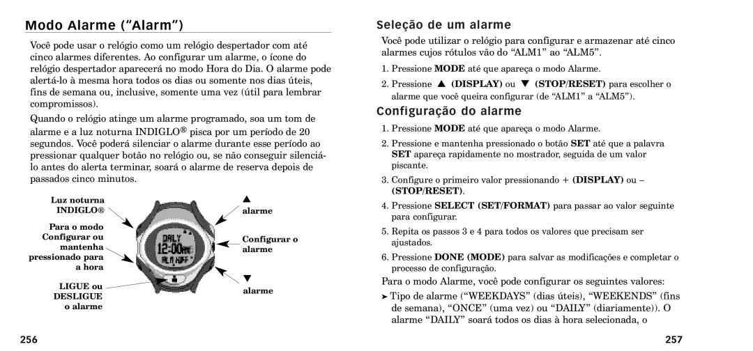 Timex W-218607-095000NA manual Modo Alarme ÒAlarmÓ, Sele‹o de um alarme, Configura‹o do alarme, 256, 257 