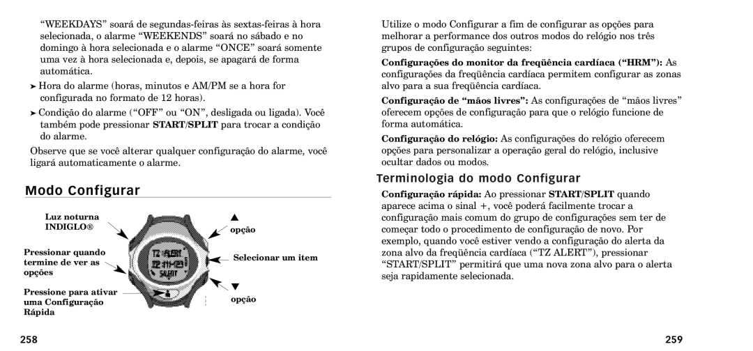 Timex W-218607-095000NA manual Terminologia do modo Configurar, 258 259 