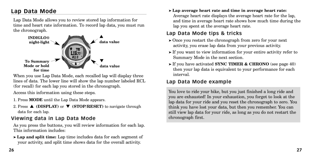 Timex W-218607-095000NA manual Viewing data in Lap Data Mode, Lap Data Mode tips & tricks, Lap Data Mode example 