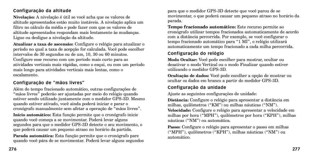 Timex W-218607-095000NA manual Configura‹o da altitude, Configura‹o de Òm‹os livresÓ, 276, Configura‹o da unidade, 277 