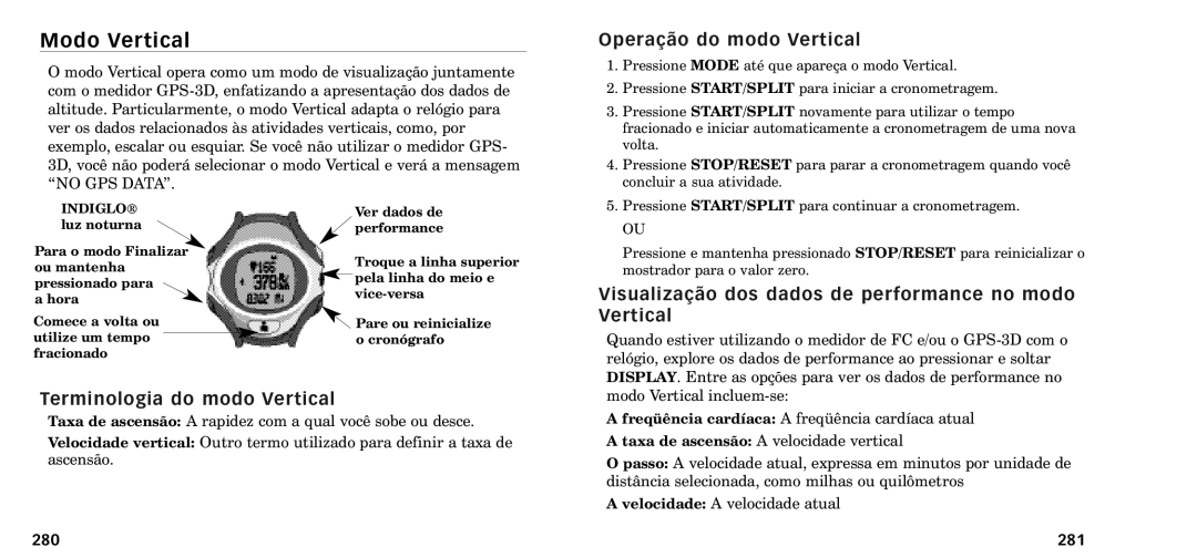 Timex W-218607-095000NA manual Terminologia do modo Vertical, Opera‹o do modo Vertical, 280, 281 