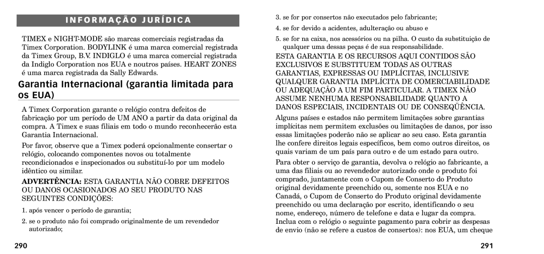 Timex W-218607-095000NA manual Garantia Internacional garantia limitada para os EUA, 291 