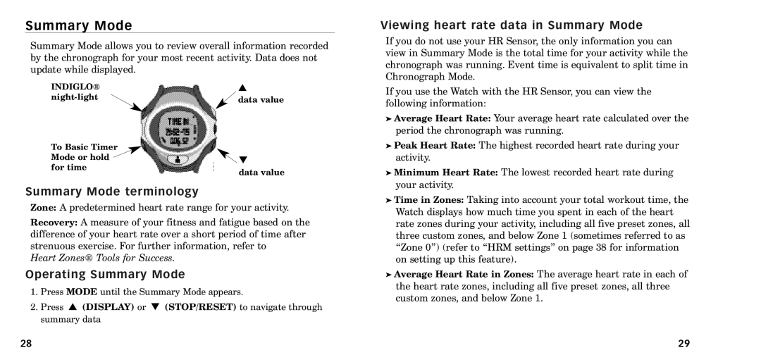 Timex W-218607-095000NA Viewing heart rate data in Summary Mode, Summary Mode terminology, Operating Summary Mode 