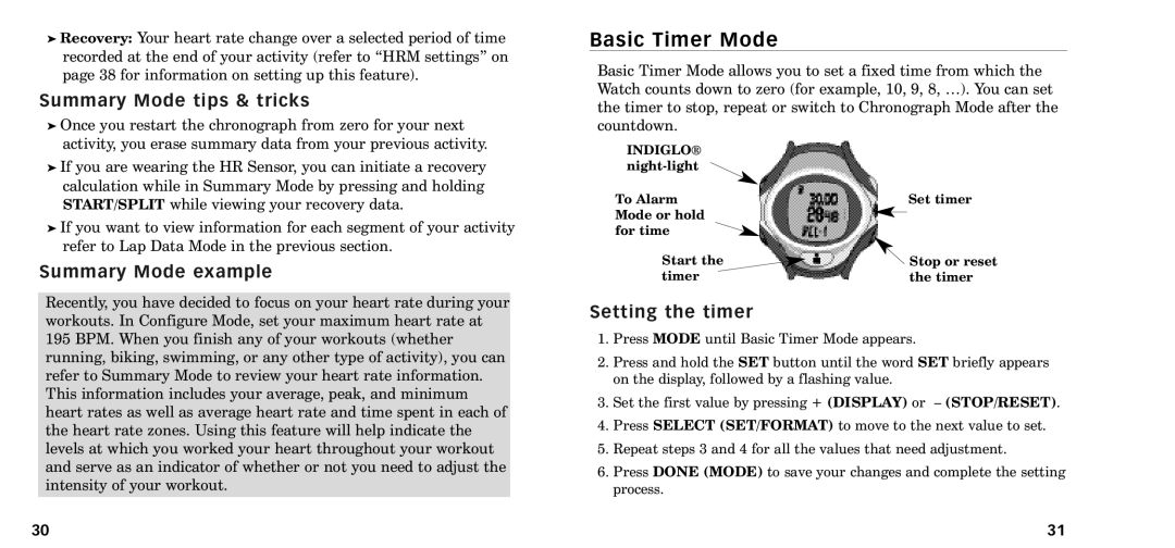 Timex W-218607-095000NA manual Basic Timer Mode, Summary Mode tips & tricks, Summary Mode example, Setting the timer 