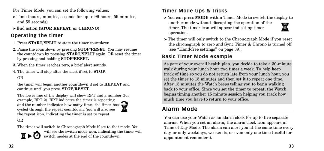 Timex W-218607-095000NA manual Alarm Mode, Operating the timer, Timer Mode tips & tricks, Basic Timer Mode example 