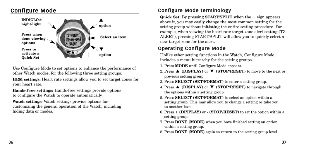 Timex W-218607-095000NA manual Configure Mode terminology, Operating Configure Mode 